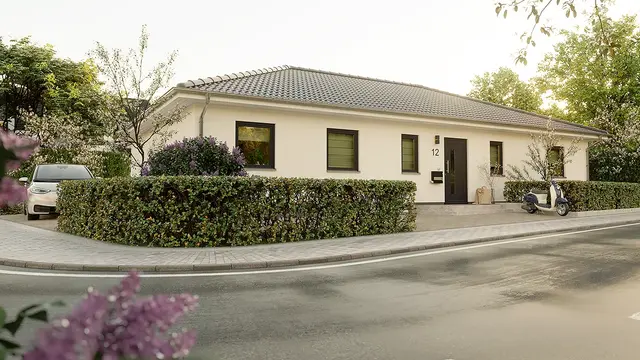 Bungalow 131: Charmantes Massivhaus mit Giebelseiteneingang Der Bungalow 131 überzeugt mit seinem Giebelseiteneingang, großzügigen Räumen und einer durchdachten Aufteilung. Die Grundrissvariante 1 bietet dabei eine optimale Trennung von Eingangs-, Wohn- und Privatbereich, ergänzt durch eine große Diele mit Garderobe und gleich große Kinderzimmer.