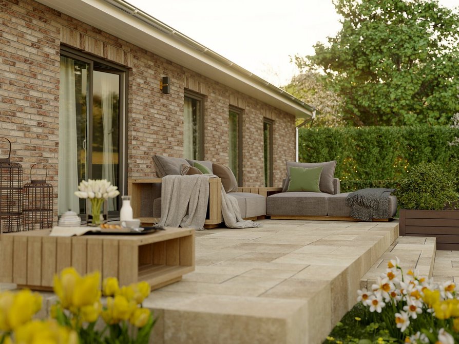 Detailansicht der Terrasse des Bungalow 131 in Klinker Variante Wienerberger Aurora
